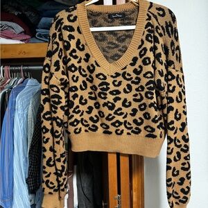 Love Tree Leopard V-Neck Sweater in Tan and Black